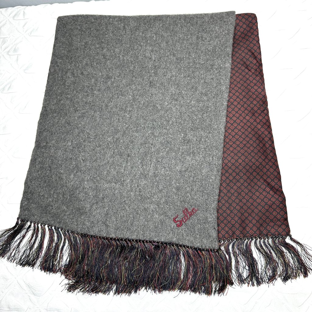Sulka CashmereSilk Burgundy And Gray Scarf